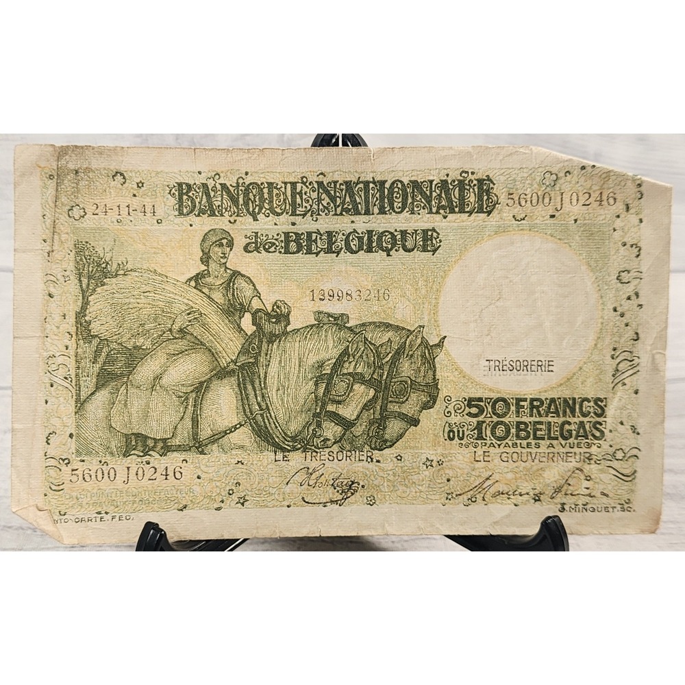 Belgium 50 Francs 10 Belgas Banknote 1944 Banque Nationale de Belgique 24-11-44